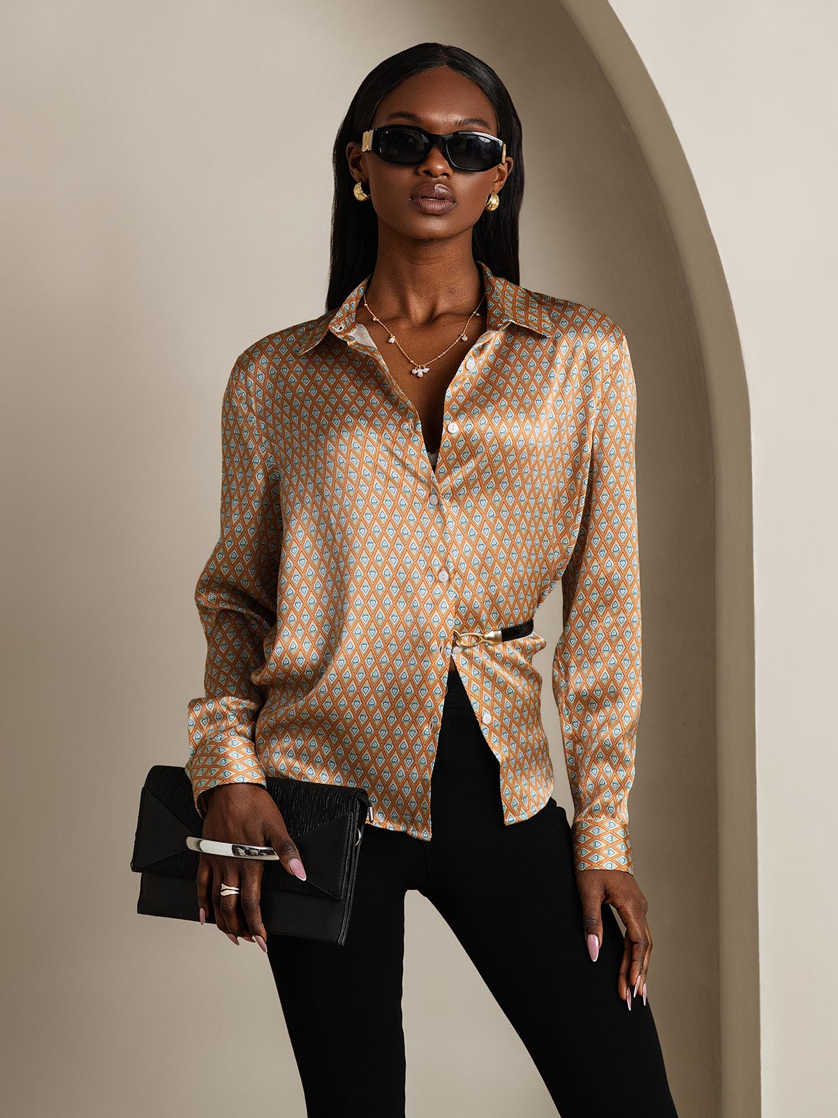 [Floral] SilkSilky-DE Long Sleeve Lapel Collar Damenhemd 001