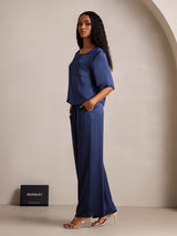 [Dunkelblau] SilkSilky-DE Half Sleeve Round Neck Damen Pyjamas 004