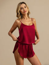 [Rotwein] SilkSilky-DE Spaghettiträger Tiefer Rundhalsausschnitt Camisole-Set 004