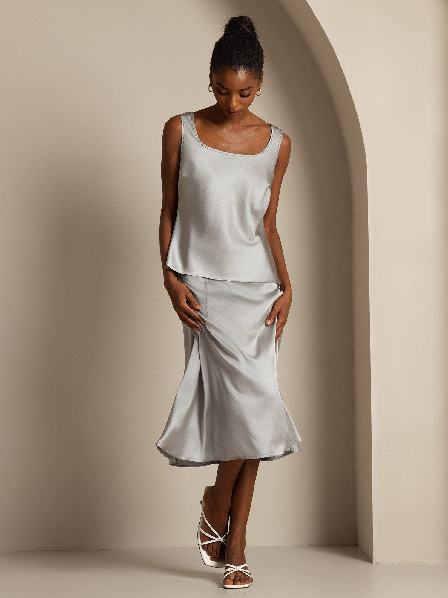 [Greifgrau] SilkSilky-DE 19Momme Seide U Ausschnitt Cami Top 007,