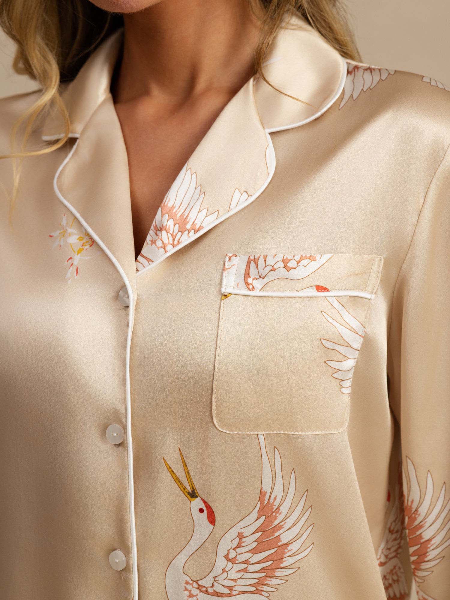 [Champagner] SilkSilky-DE 19Momme Langärmelig Notch-Kragen Damen Pyjamas 005