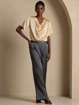 [Champagner] SilkSilky-DE Short Sleeve Cowl Neck Damenblusen 008