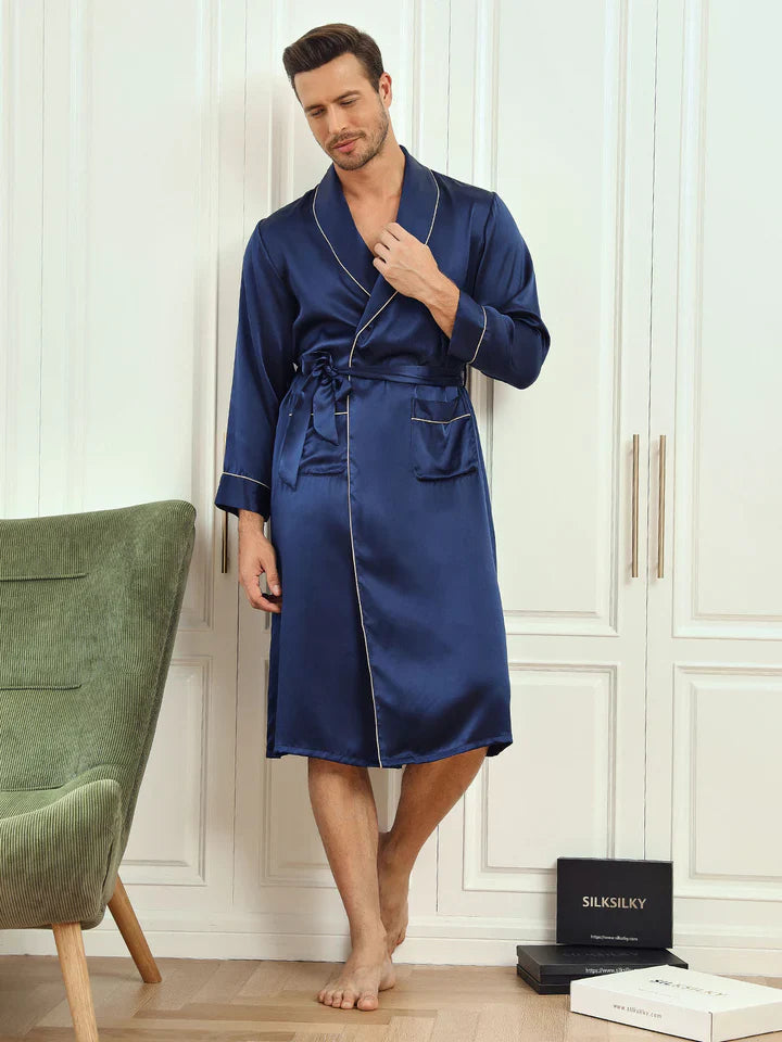 [Dunkelblau] SilkSilky-DE Reine Seide Mens Robe 003