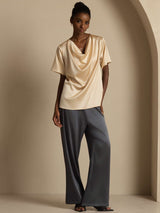 [Champagner] SilkSilky-DE Short Sleeve Cowl Neck Damenblusen 006