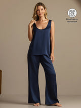 [Dunkelblau] SilkSilky-DE 19Momme Ärmellos Tiefer Rundhalsausschnitt Damen Pyjamas 001
