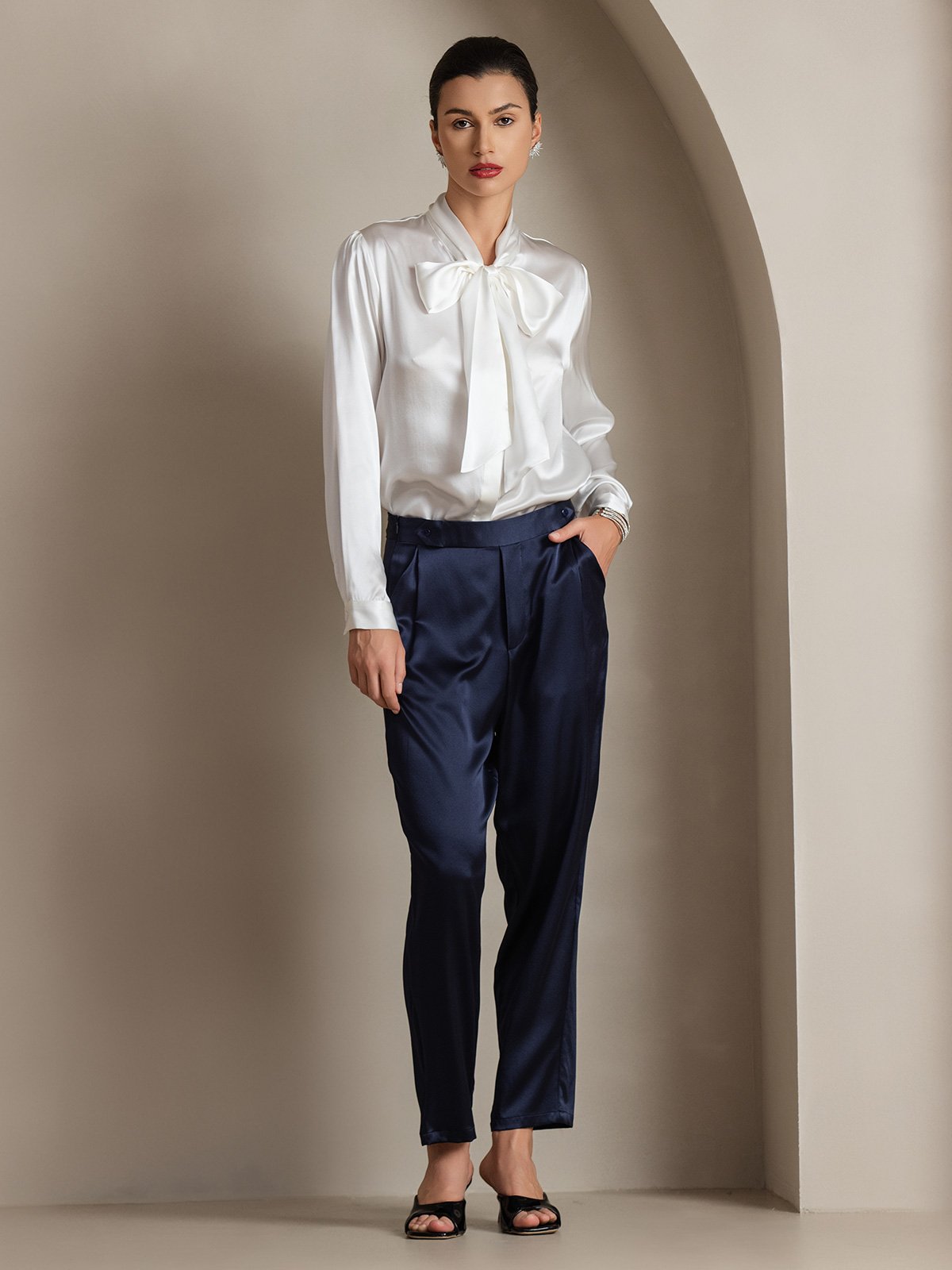 [Weiß] SilkSilky-DE 19Momme Seide Langärmelig Blouse 004