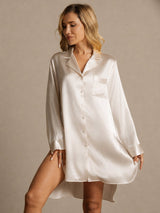 [Beige] SilkSilky-DE Long Sleeve Lapel Collar Schlafhemd 003