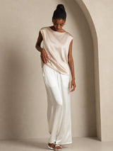 [Beige] SilkSilky-DE Cap Sleeve Round Neck T-Shirt 006