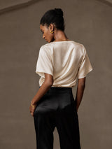 [Beige] SilkSilky-DE Short Sleeve Cowl Neck Damenblusen 002