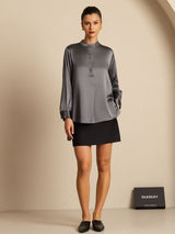 [Dunkelgrau] SilkSilky-DE 19Momme Langärmelig Stehkragen Bluse 009