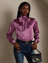 [Dunkelviolett] SilkSilky-DE Long Sleeve High Neck Bluse 007