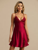 [Rotwein] SilkSilky-DE Sleeveless Deep V Neck Nachthemden 004