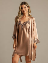 [Braun] SilkSilky-DE 3/4 Sleeve V Neck Nachthemd&Morgenmantel Set 001