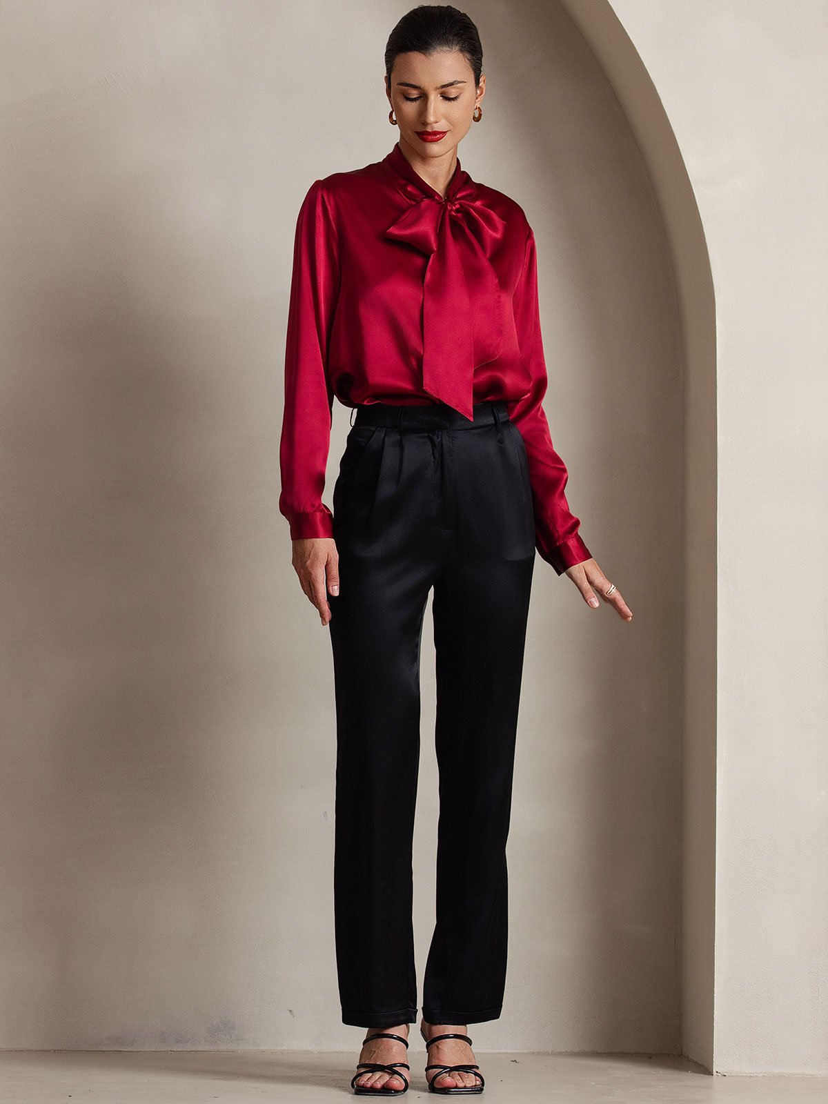 [Rotwein] SilkSilky-DE 19Momme Seide Langärmelig Blouse 005