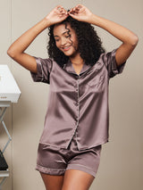 [Kaffee] SilkSilky-DE Short Sleeve Notch-Kragen Damen Pyjamas 002