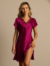 [Rotwein] SilkSilky-DE Short Sleeve V Neck Nachthemden 003