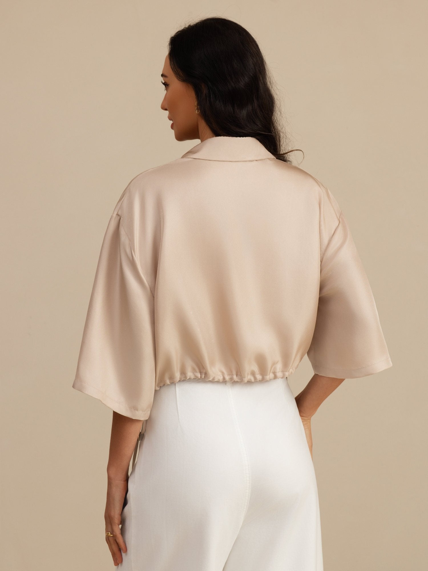 [Tan] SilkSilky-DE 18Momme Halblange Ärmel Lapelkragen Bluse 002