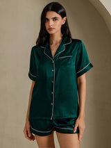 [Dunkelgrün] SilkSilky-DE Short Sleeve Notch-Kragen Damen Pyjamas 007