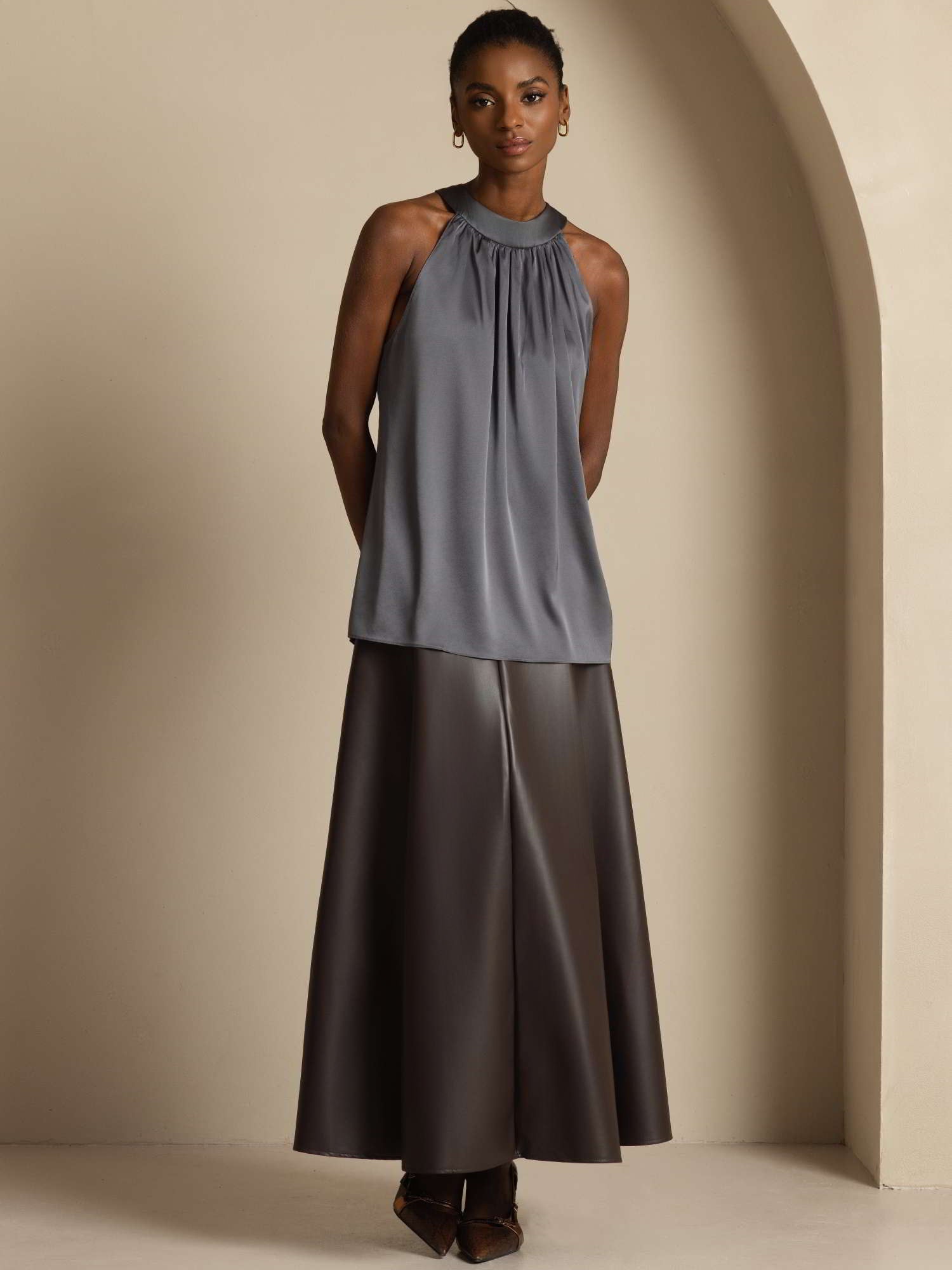 [Dunkelgrau] SilkSilky-DE 19Momme Ärmellos Neckholder T-Shirt 003