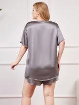[Graugrün] SilkSilky-DE Reine Seide Kurzärmelig Rundkragen Damen Pyjamas Große Größen 002
