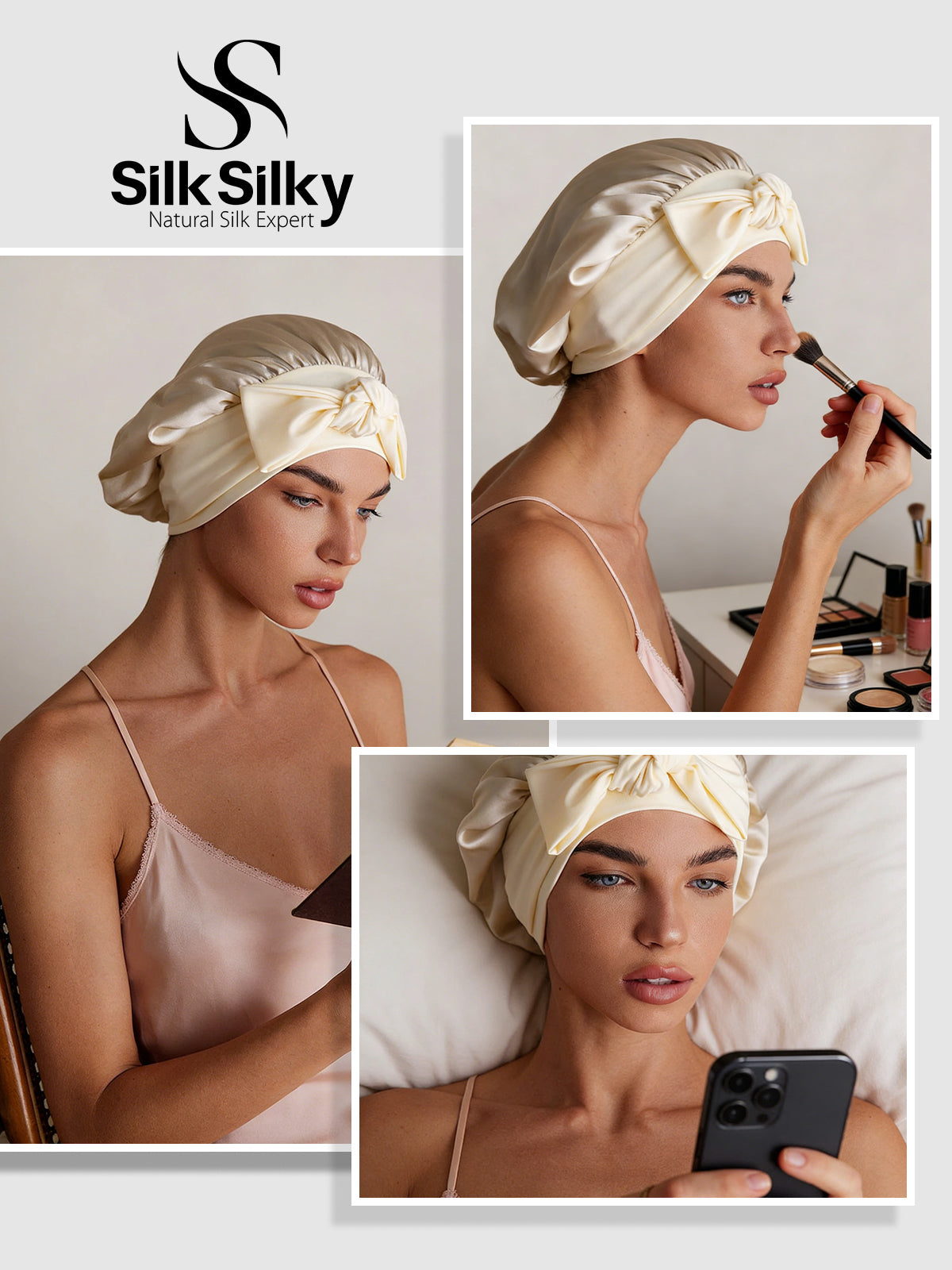 [Beige] SilkSilky-DE Reine Seide Sleep Cap 005