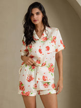 [Weißer Granatapfel] SilkSilky-DE Short Sleeve Notch Collar Damen Pyjamas 001