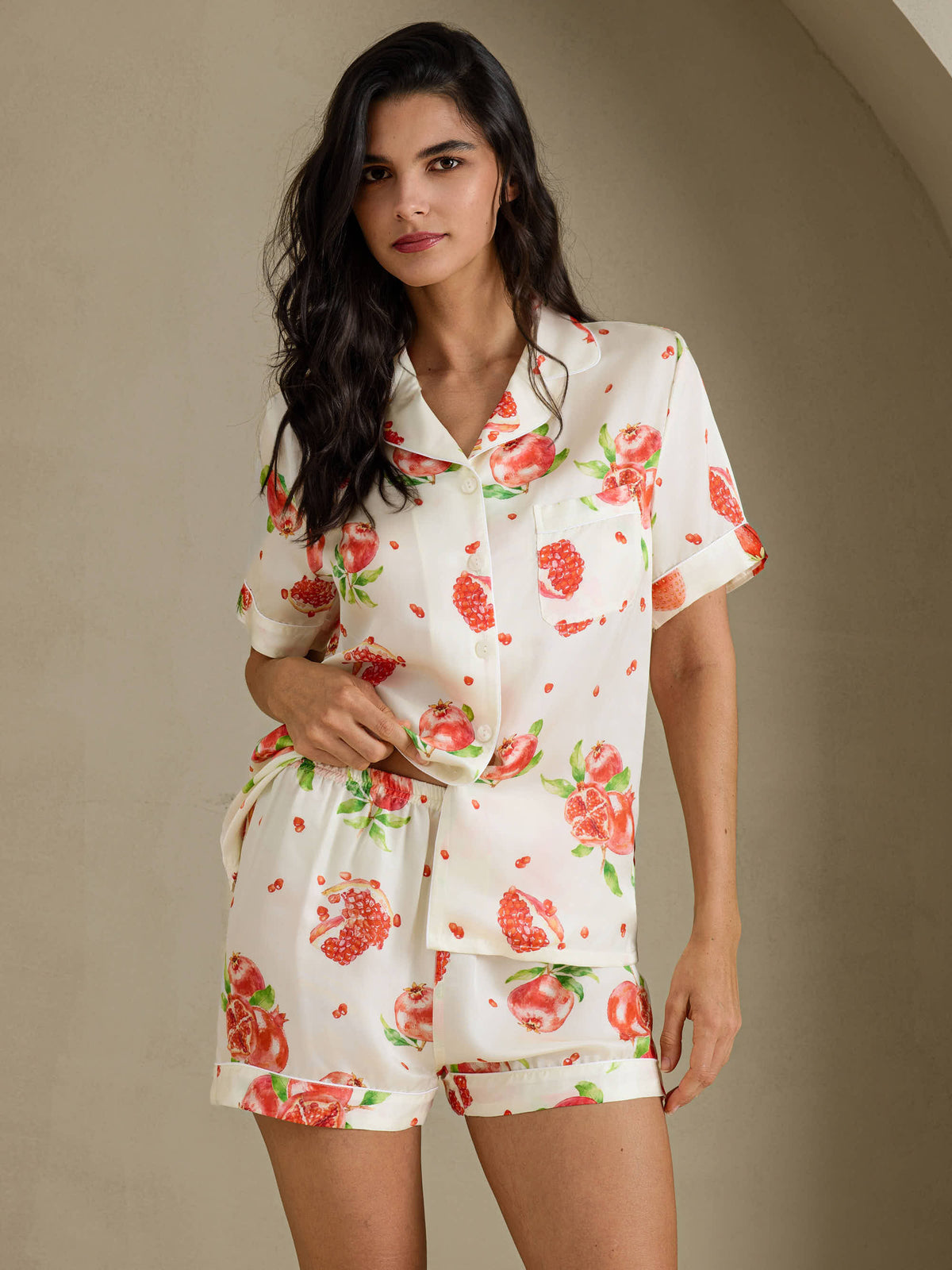 [Weißer Granatapfel] SilkSilky-DE Short Sleeve Notch Collar Damen Pyjamas 001
