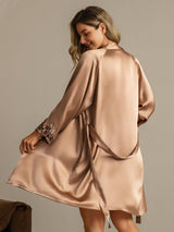 [Braun] SilkSilky-DE 3/4 Sleeve V Neck Nachthemd&Morgenmantel Set 002