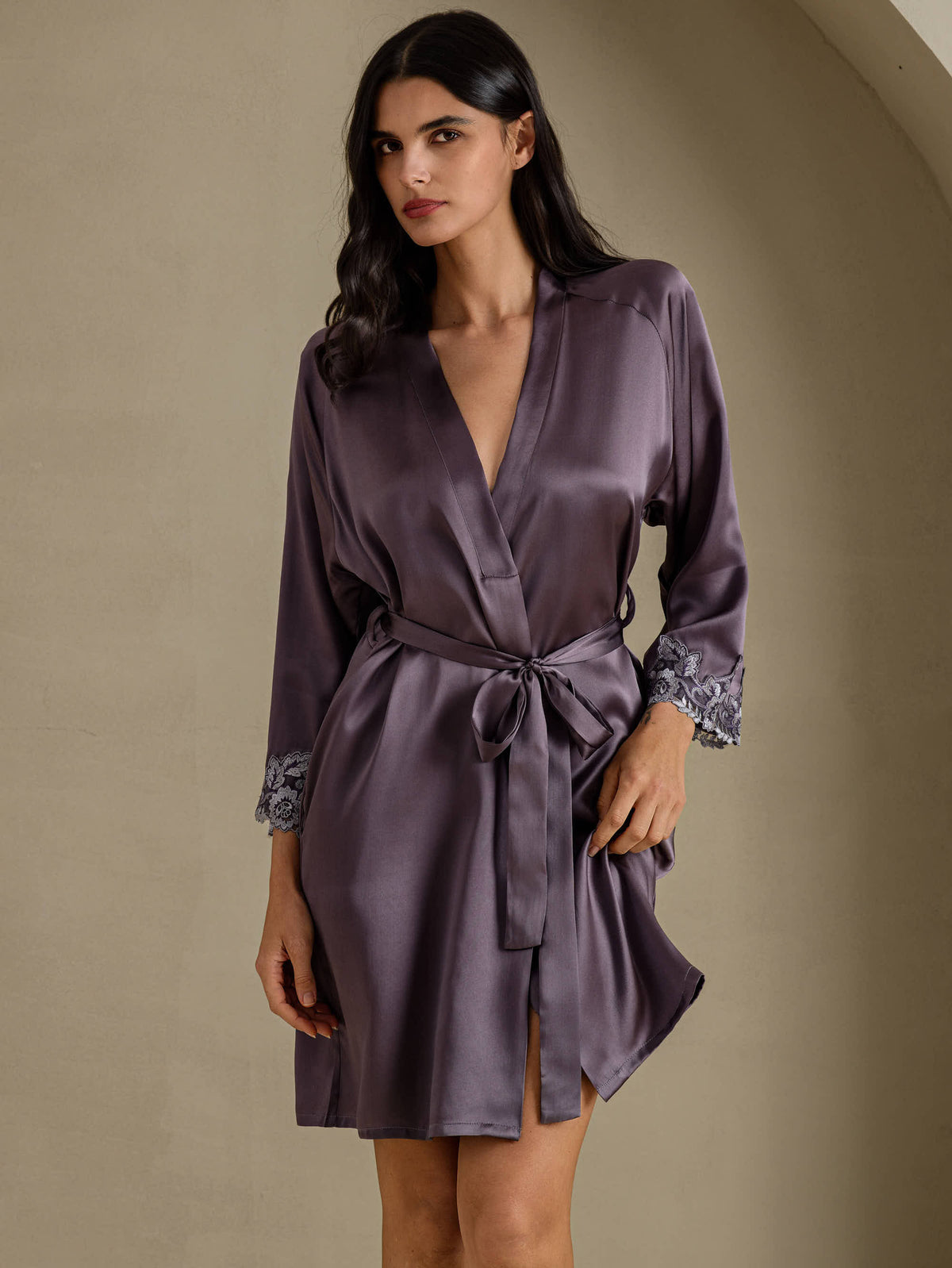 [Lilagrau] SilkSilky-DE 3/4 Sleeve Damen Morgenmantel 001