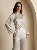 [Hellgrau] SilkSilky-DE 19Momme Langärmelig U-Boot-Ausschnitt Bluse 005