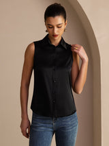 [Schwarz] SilkSilky-DE Sleeveless Lapel Collar Damenhemd 005