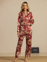 [Weinroter Drache] SilkSilky-DE Long Sleeve Notch-Kragen Damen Pyjamas 001