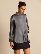 [Dunkelgrau] SilkSilky-DE 19Momme Langärmelig Stehkragen Bluse 005