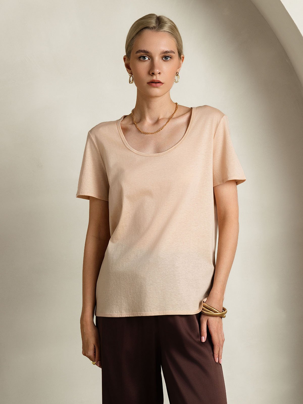 [Beige] SilkSilky-DE Seide U Ausschnitt T-Shirt 005