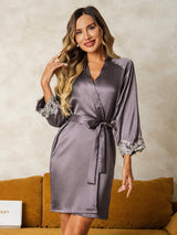 [Lilagrau] SilkSilky-DE 3/4 Sleeve Damen Morgenmantel 001