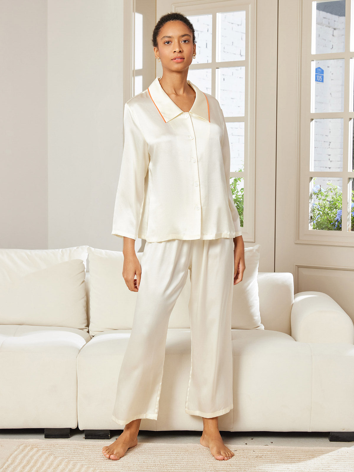 [Weiß] SilkSilky-DE Reine Seide Langärmelig Umlegekragen Damen Pyjamas 003