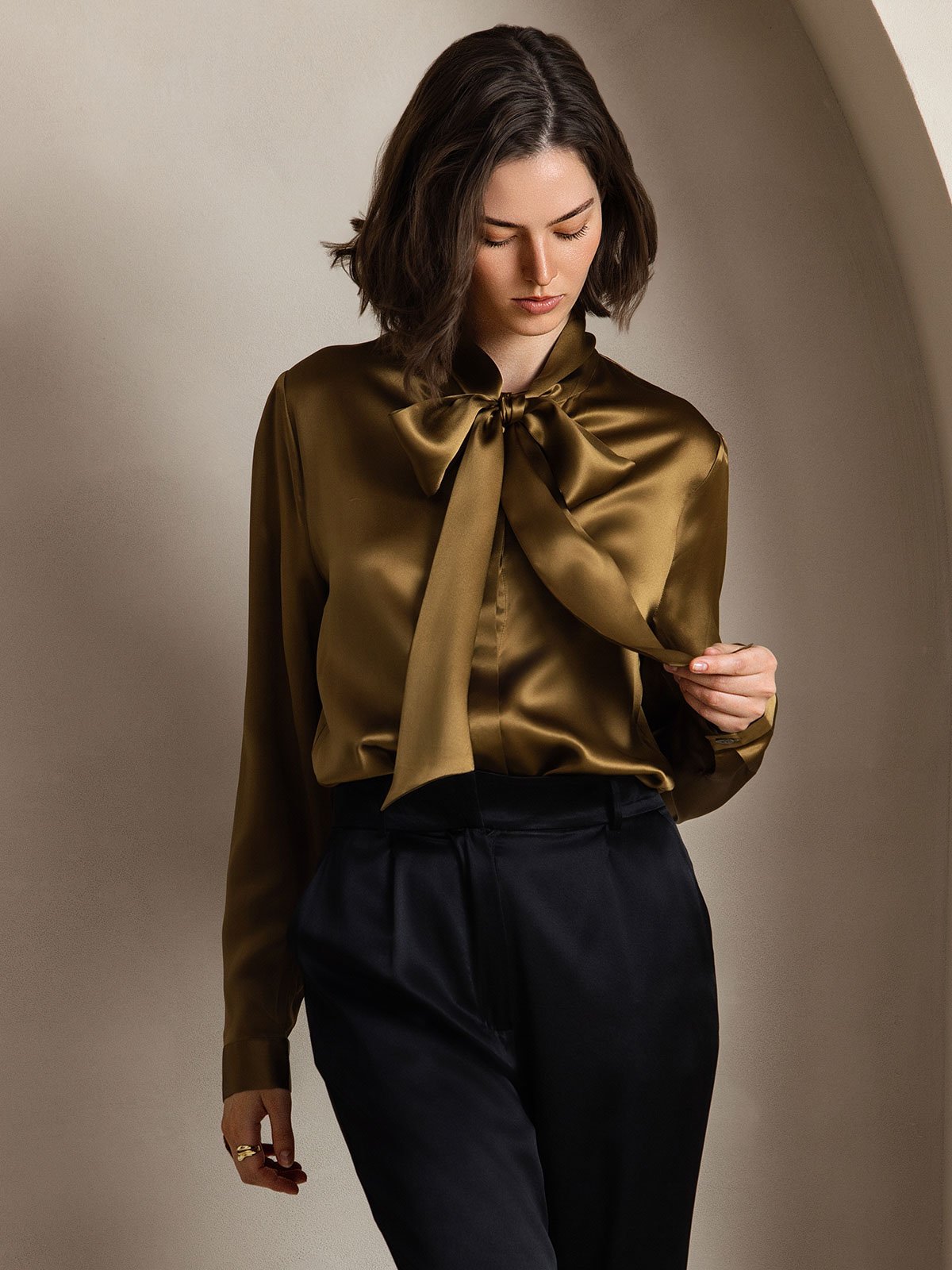 [Braun] SilkSilky-DE 19Momme Seide Langärmelig Blouse 004