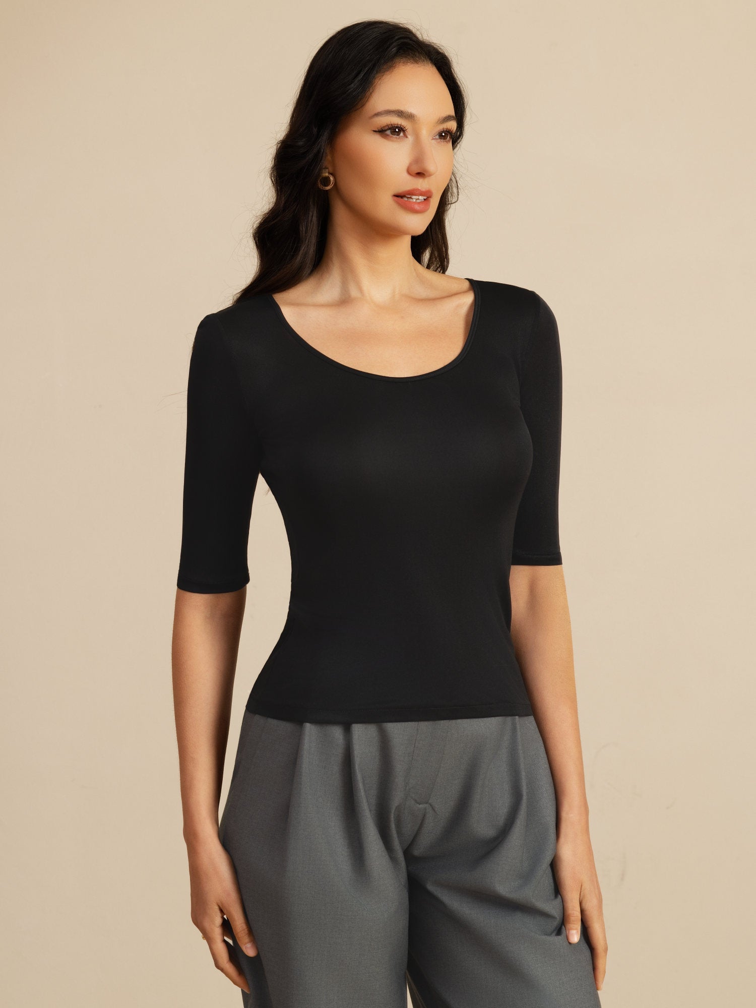[Schwarz] SilkSilky-DE Halblange Ärmel Tiefer Rundhalsausschnitt T-Shirt 001