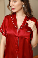 [Rotwein] SilkSilky-DE Kurzärmelig Notch-Kragen Damen Pyjamas 008
