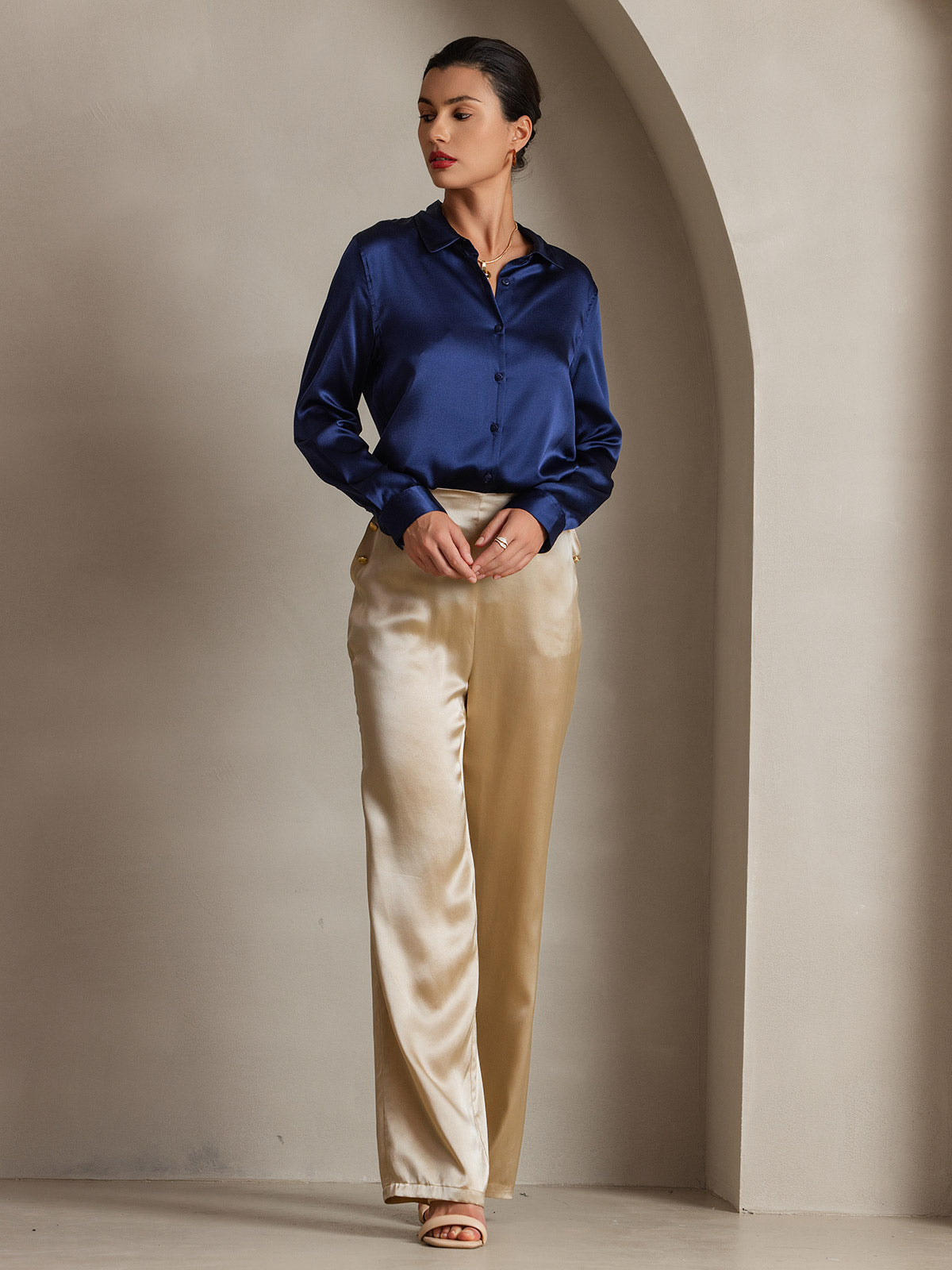 [Dunkelblau] SilkSilky-DE Seide Langärmelig Umlegekragen Damenhemd 006