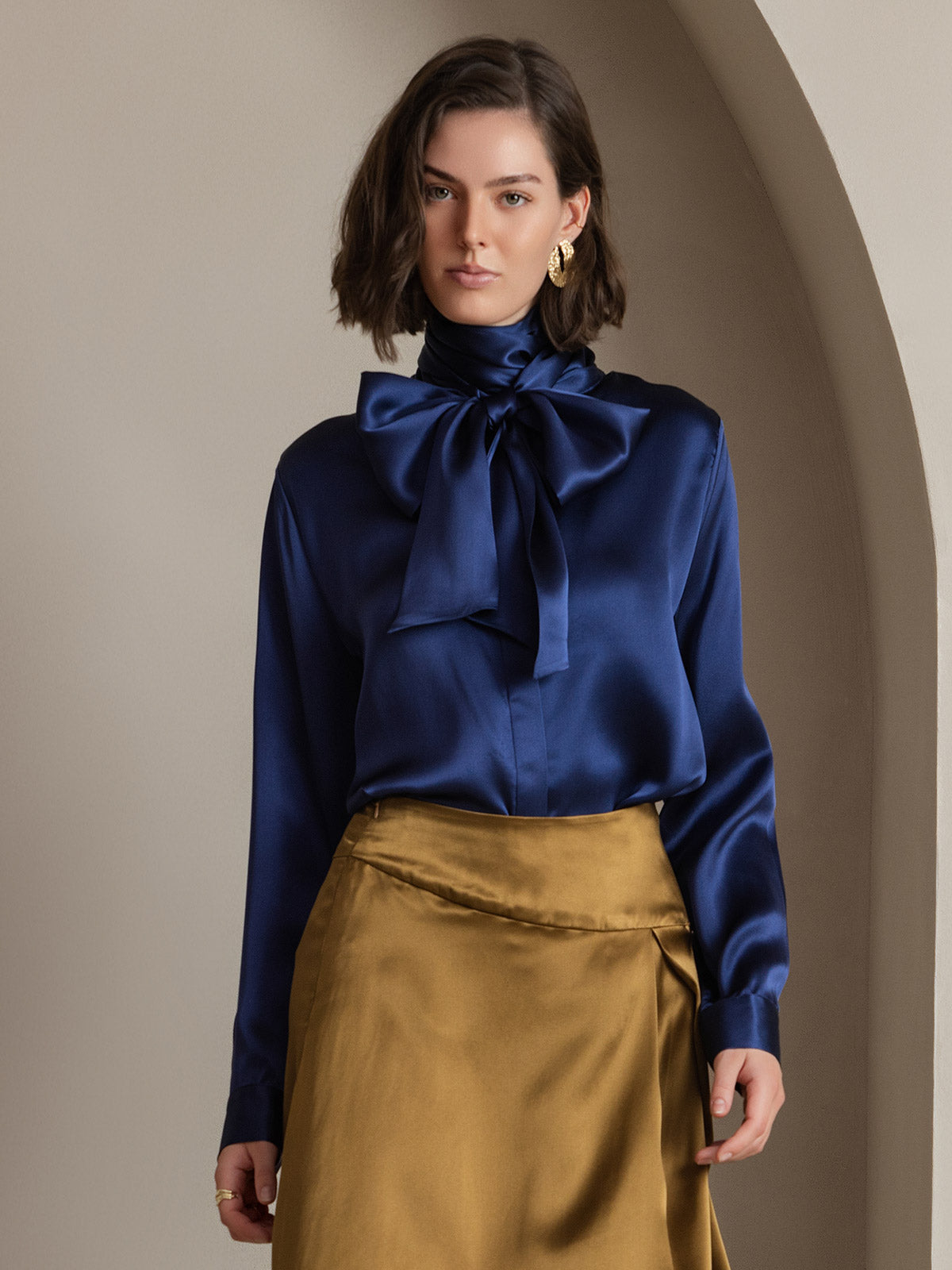 [Dunkelblau] SilkSilky-DE 19Momme Seide Langärmelig Blouse 001