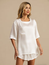 [Weiß] SilkSilky-DE Kurzärmelig Rundhalsausschnitt Damen Pyjamas 004