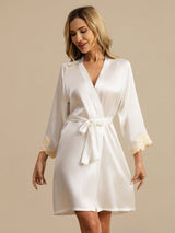 [Weiß] SilkSilky-DE 3/4 Sleeve Damen Morgenmantel 003