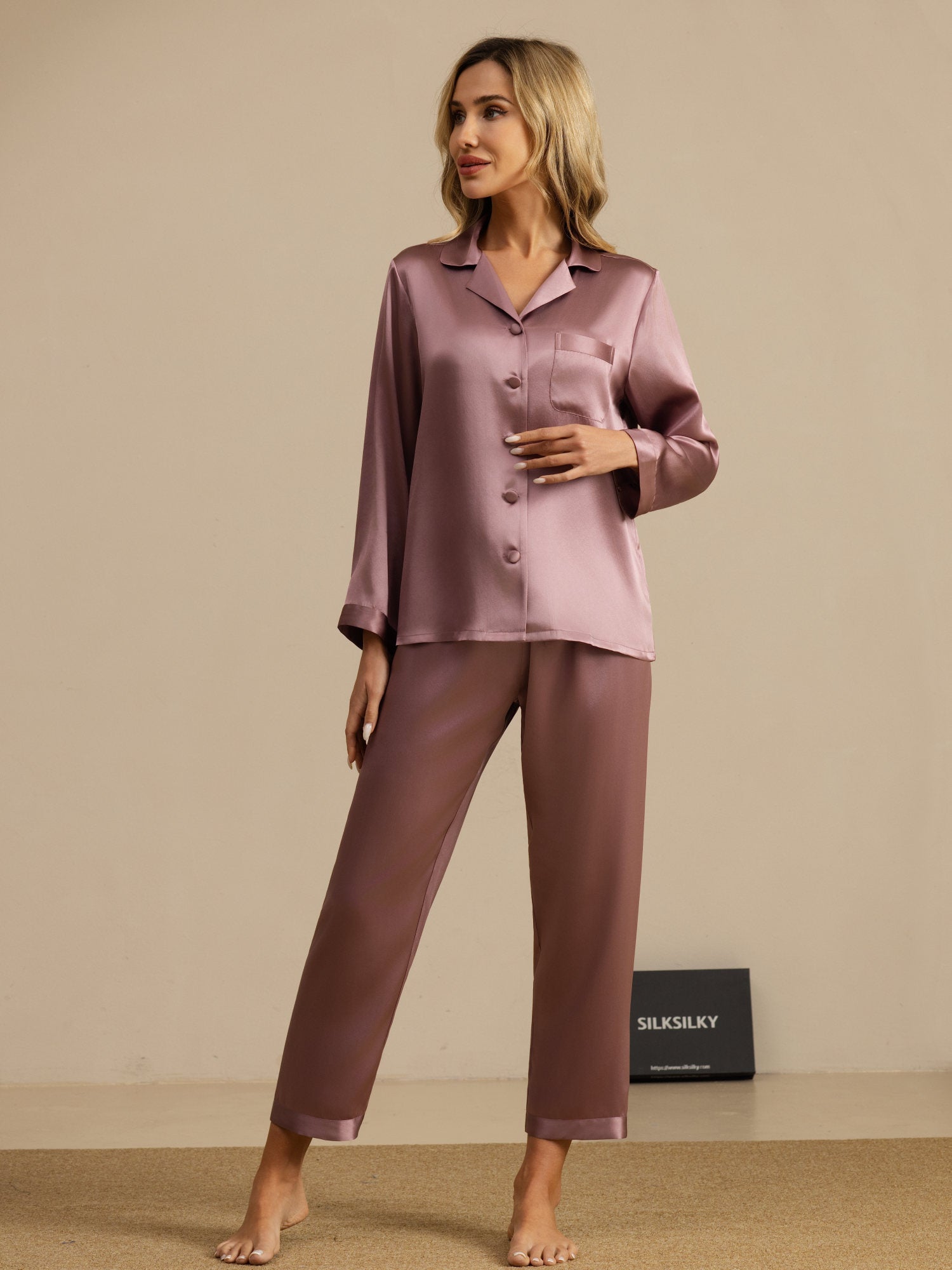 [Blasses Mauve] SilkSilky-DE Langärmelig Notch-Kragen Damen Pyjamas 001