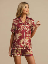 [Weinroter Drache] SilkSilky-DE Short Sleeve Notch-Kragen Damen Pyjamas 001