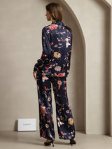 [Marine Blumen] SilkSilky-DE 19Momme Seide Umlegekragen Women''s Outfit Sets 002