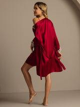 [Rotwein] SilkSilky-DE 3/4 Sleeve V Neck Nachthemd&Morgenmantel Set 002