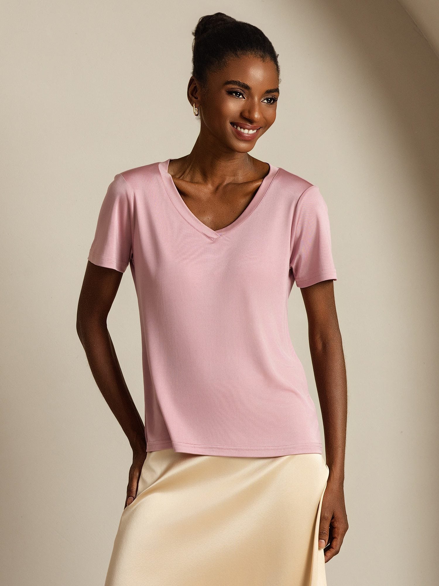 [BlassesMauve] SilkSilky-DE Reine Seide V Ausschnitt T-Shirt 001