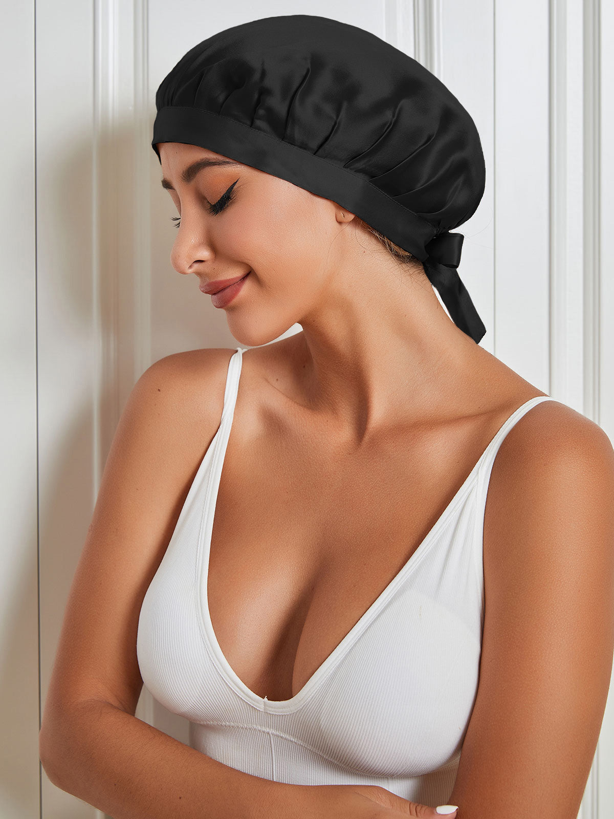 [Schwarz] SilkSilky-DE Reine Seide Sleep Cap 001