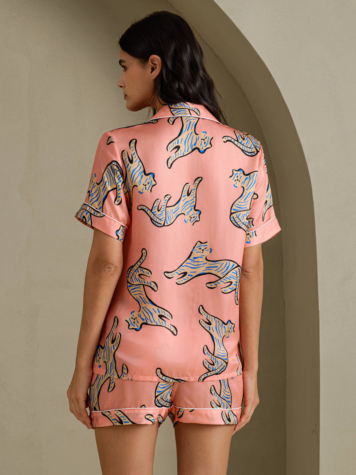 [Rosa Katze] SilkSilky-DE Short Sleeve Lapel Collar Damen Pyjamas 002